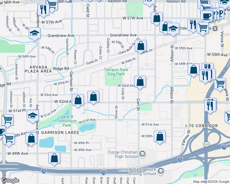 map of restaurants, bars, coffee shops, grocery stores, and more near 5240 Dudley Street in Arvada