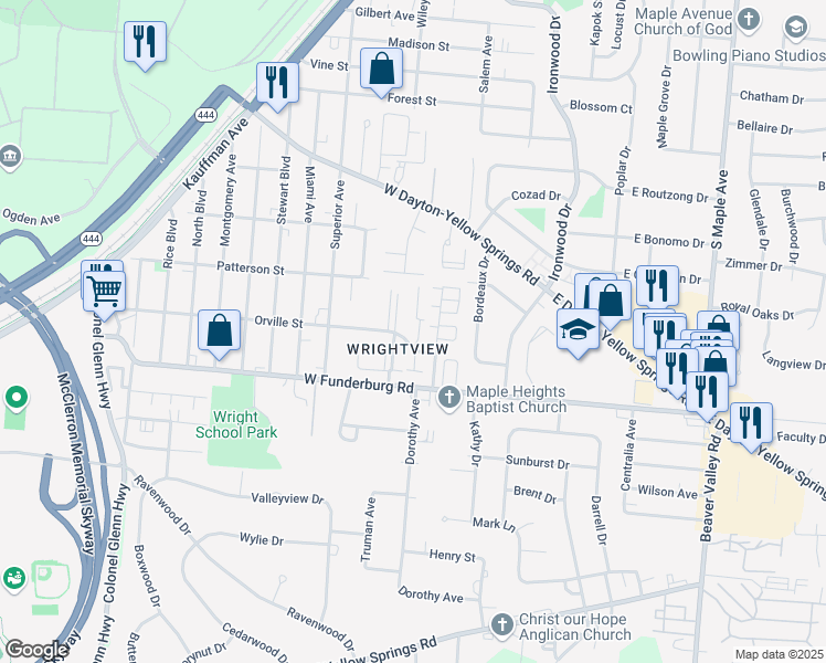 map of restaurants, bars, coffee shops, grocery stores, and more near 207 West Funderburg Road in Fairborn