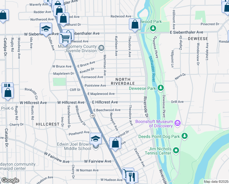 map of restaurants, bars, coffee shops, grocery stores, and more near 139 East Maplewood Avenue in Dayton