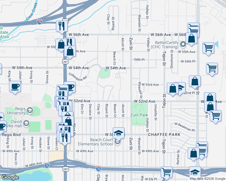 map of restaurants, bars, coffee shops, grocery stores, and more near 5252 Columbine Lane in Denver