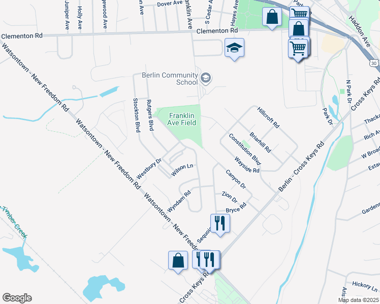 map of restaurants, bars, coffee shops, grocery stores, and more near 16 Roosevelt Boulevard in Berlin