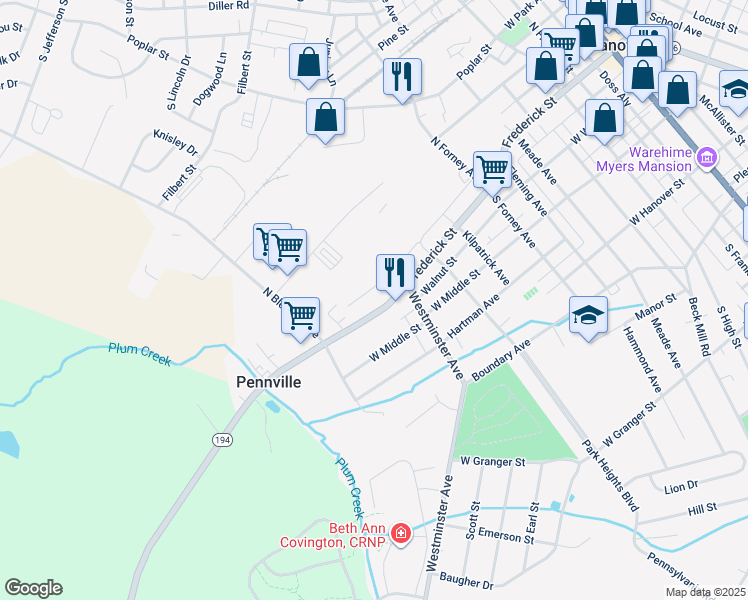 map of restaurants, bars, coffee shops, grocery stores, and more near 619 Frederick Street in Hanover