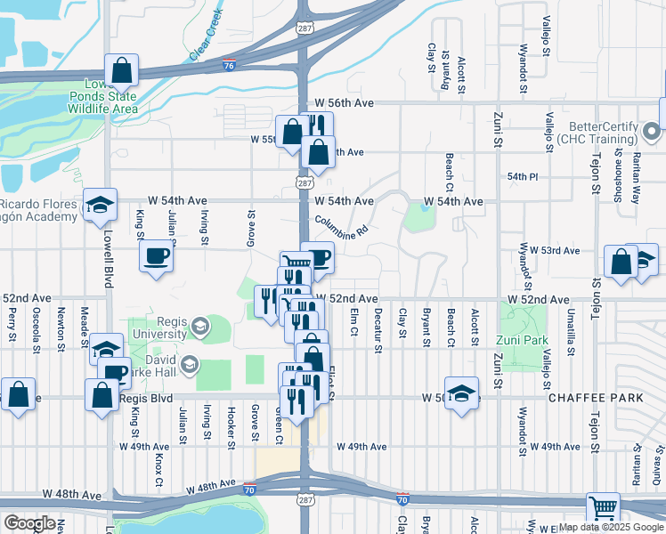 map of restaurants, bars, coffee shops, grocery stores, and more near 2889 West Parkside Place in Denver