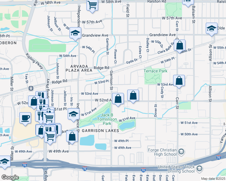 map of restaurants, bars, coffee shops, grocery stores, and more near 5305 Garrison Street in Arvada