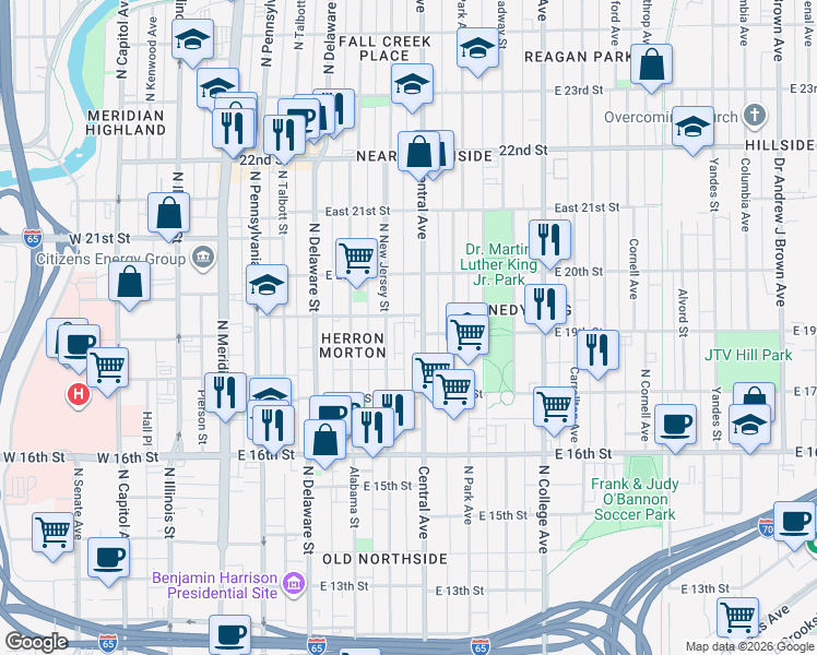 map of restaurants, bars, coffee shops, grocery stores, and more near 1836 Central Avenue in Indianapolis