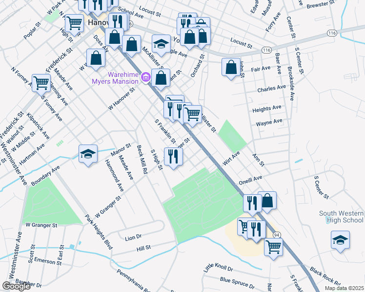 map of restaurants, bars, coffee shops, grocery stores, and more near 530 South Franklin Street in Hanover
