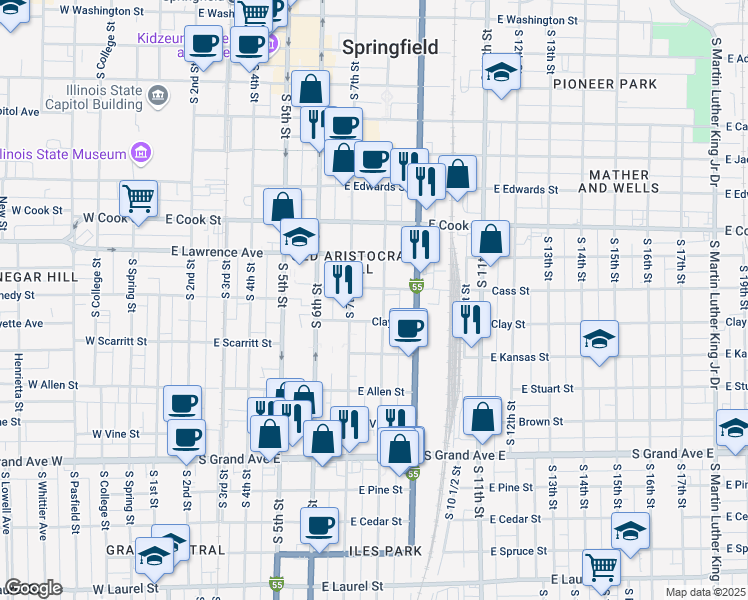 map of restaurants, bars, coffee shops, grocery stores, and more near 909 South 8th Street in Springfield