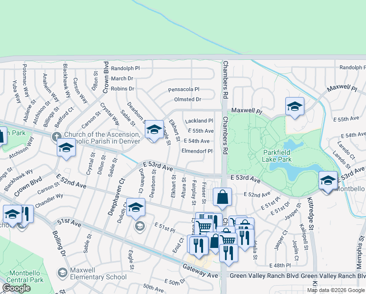 map of restaurants, bars, coffee shops, grocery stores, and more near 5353 Elkhart Street in Denver