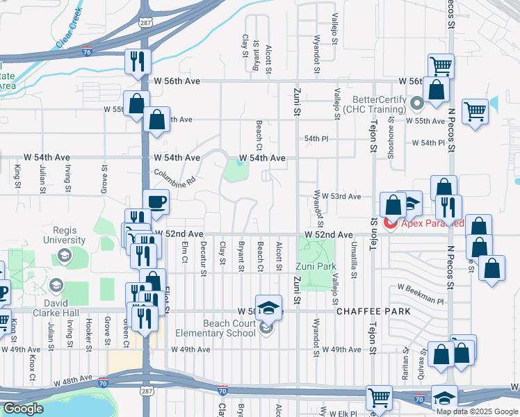 map of restaurants, bars, coffee shops, grocery stores, and more near 5277 Columbine Lane in Denver