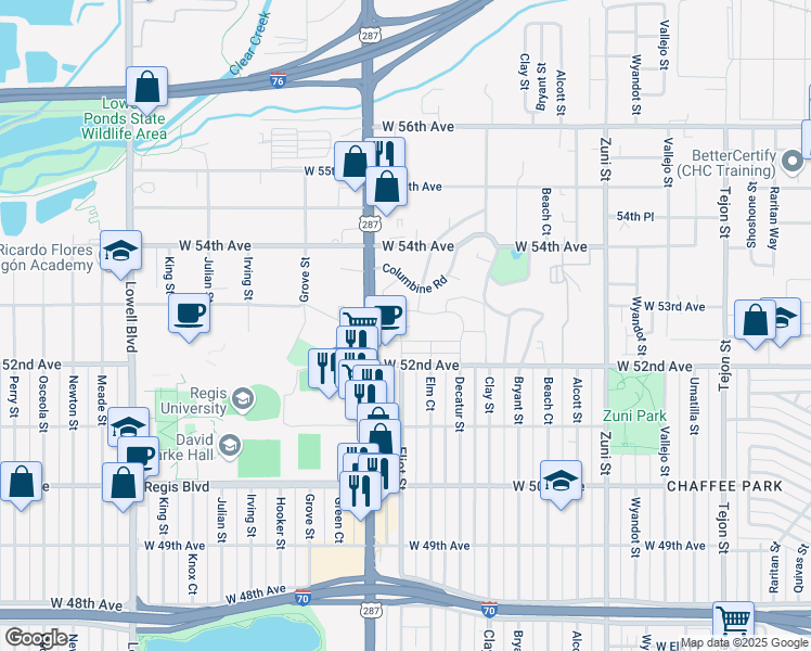 map of restaurants, bars, coffee shops, grocery stores, and more near 2889 West Parkside Place in Denver
