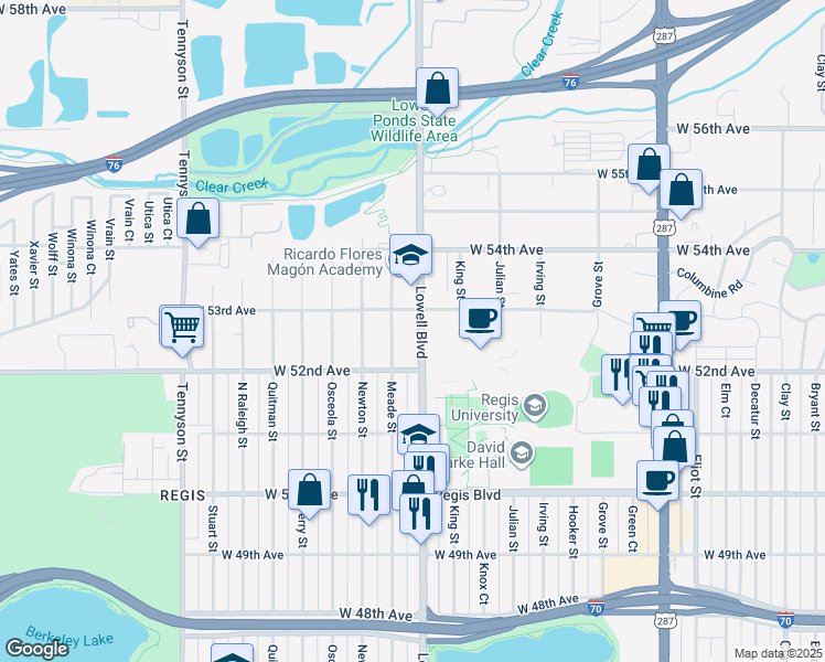 map of restaurants, bars, coffee shops, grocery stores, and more near 5242 Lowell Boulevard in Denver