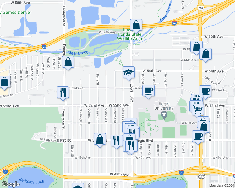 map of restaurants, bars, coffee shops, grocery stores, and more near 5251 Meade Street in Denver