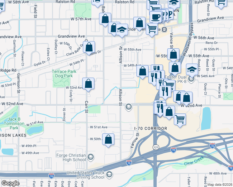 map of restaurants, bars, coffee shops, grocery stores, and more near 5215 Allison Street in Arvada