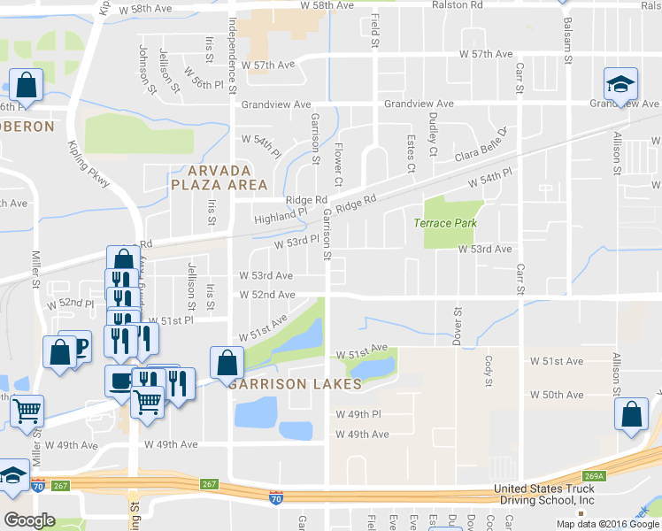 map of restaurants, bars, coffee shops, grocery stores, and more near 5305 Garrison Street in Arvada