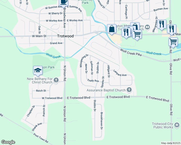 map of restaurants, bars, coffee shops, grocery stores, and more near 50 Nona Drive in Dayton