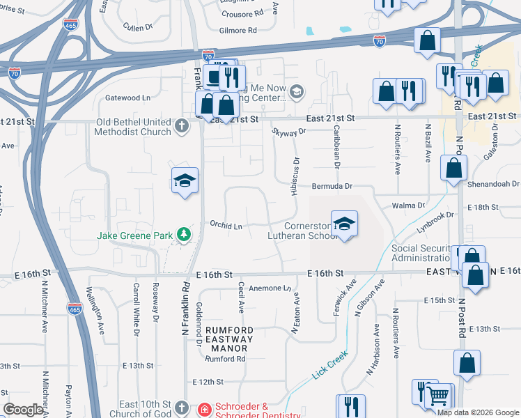 map of restaurants, bars, coffee shops, grocery stores, and more near 8114 Orchid Lane in Indianapolis