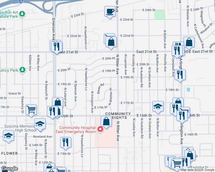 map of restaurants, bars, coffee shops, grocery stores, and more near 5468 East 18th Street in Indianapolis