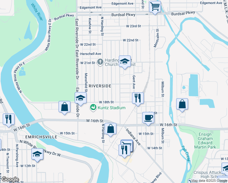 map of restaurants, bars, coffee shops, grocery stores, and more near 1830 Sugar Grove Avenue in Indianapolis