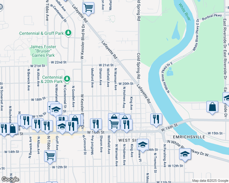 map of restaurants, bars, coffee shops, grocery stores, and more near 1902 North Warman Avenue in Indianapolis