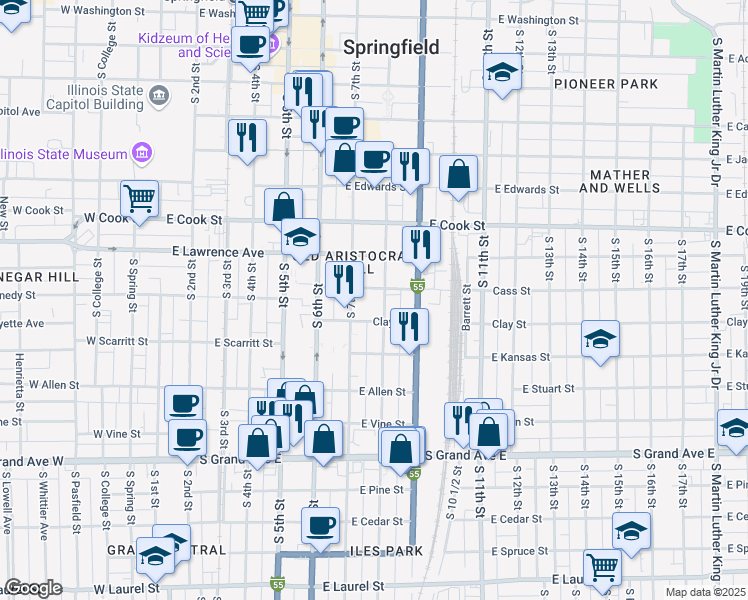 map of restaurants, bars, coffee shops, grocery stores, and more near 922 South 7th Street in Springfield