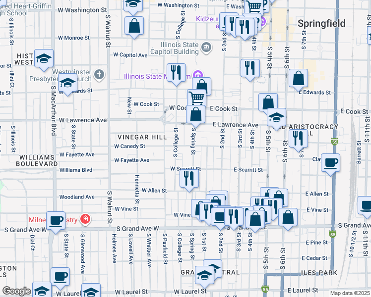 map of restaurants, bars, coffee shops, grocery stores, and more near 919 South Spring Street in Springfield