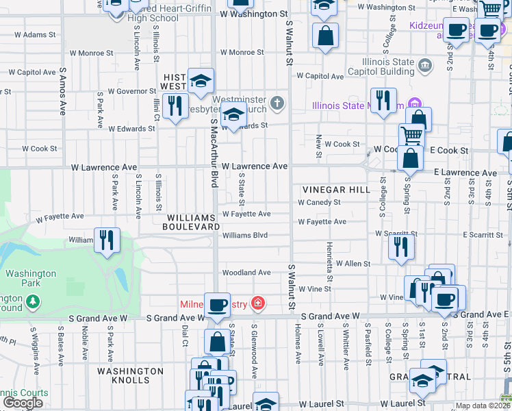 map of restaurants, bars, coffee shops, grocery stores, and more near 715 West Fayette Avenue in Springfield