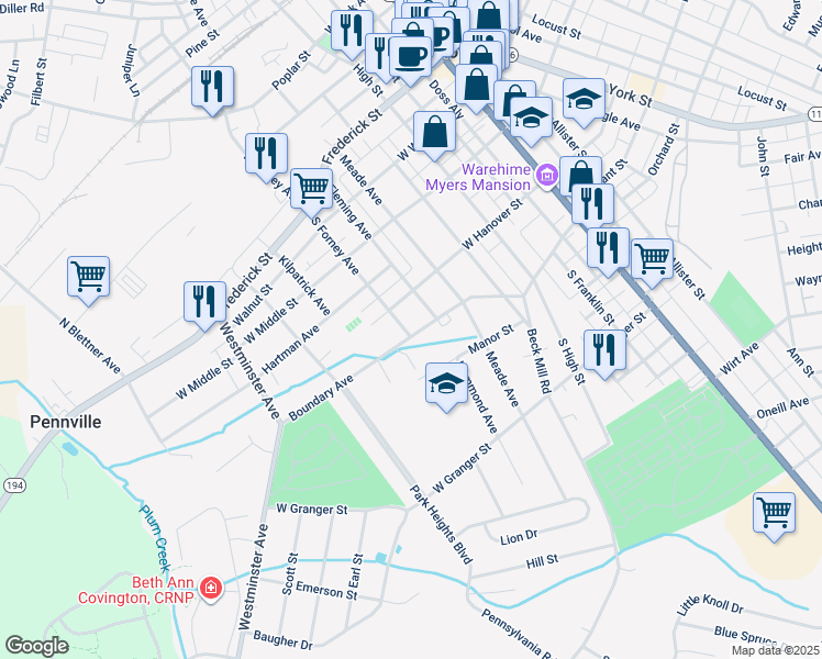 map of restaurants, bars, coffee shops, grocery stores, and more near 340 South Forney Avenue in Hanover