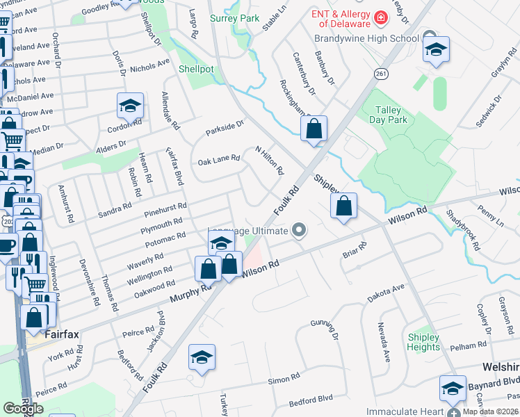 map of restaurants, bars, coffee shops, grocery stores, and more near 1011 Foulk Road in Wilmington