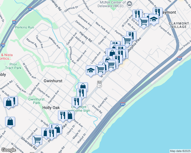 map of restaurants, bars, coffee shops, grocery stores, and more near 100 Maple Road in Claymont