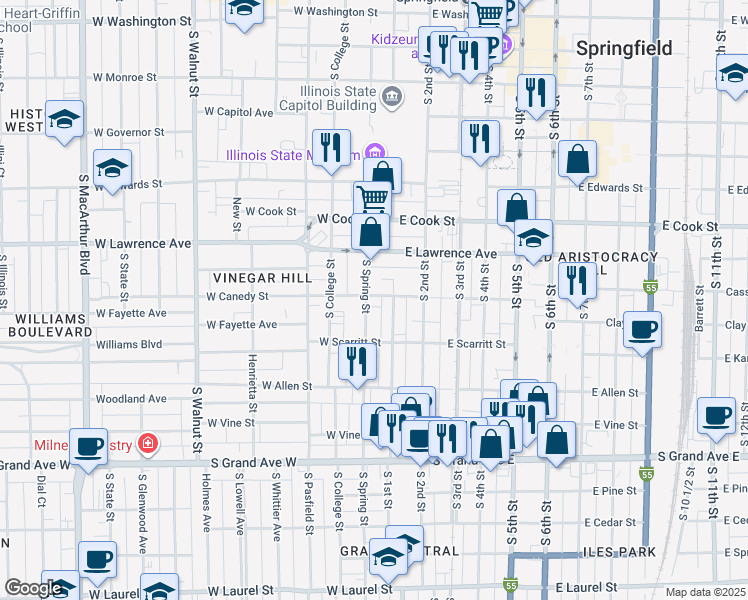 map of restaurants, bars, coffee shops, grocery stores, and more near 917 South 1st Street in Springfield