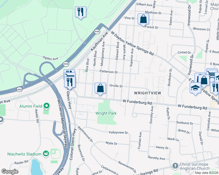 map of restaurants, bars, coffee shops, grocery stores, and more near 1868 Wilbur Avenue in Fairborn