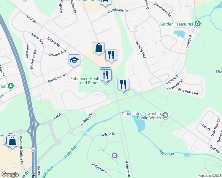 map of restaurants, bars, coffee shops, grocery stores, and more near 1451 Little Gloucester Road in Camden County