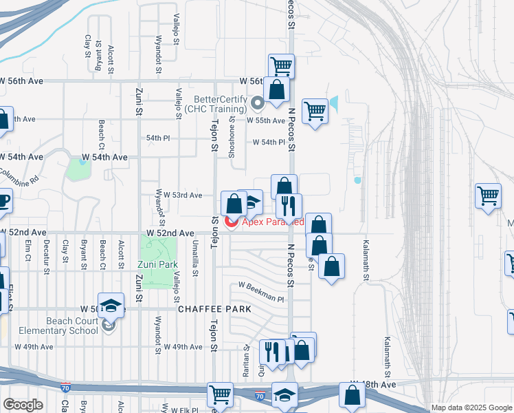 map of restaurants, bars, coffee shops, grocery stores, and more near 1702 West 52nd Court in Denver
