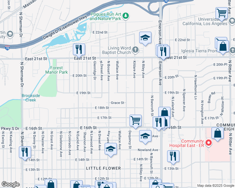 map of restaurants, bars, coffee shops, grocery stores, and more near 4723 East 19th Street in Indianapolis