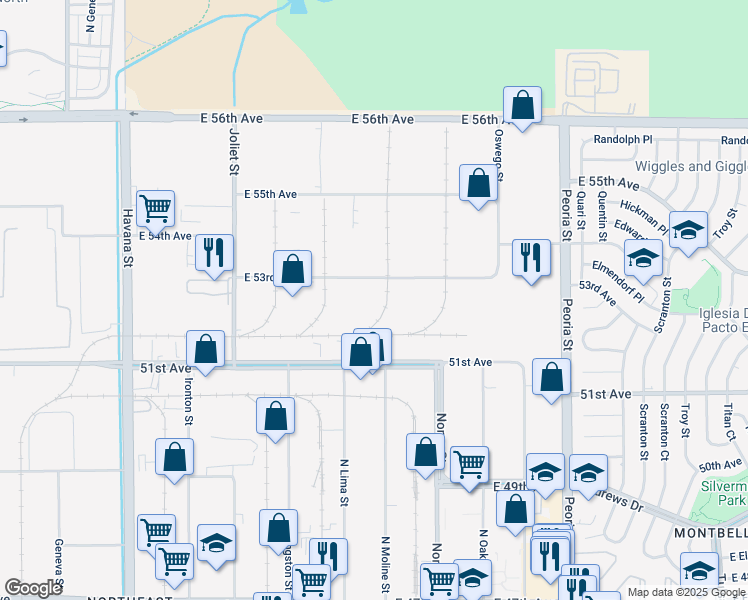 map of restaurants, bars, coffee shops, grocery stores, and more near 11402 East 53rd Avenue in Denver