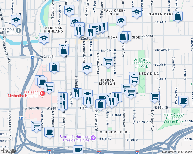 map of restaurants, bars, coffee shops, grocery stores, and more near 1836 North Delaware Street in Indianapolis