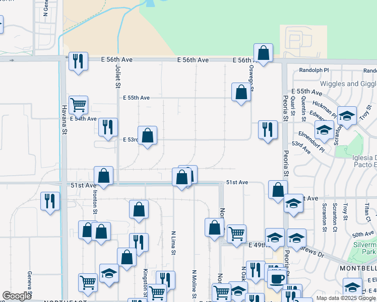 map of restaurants, bars, coffee shops, grocery stores, and more near 11402 East 53rd Avenue in Denver