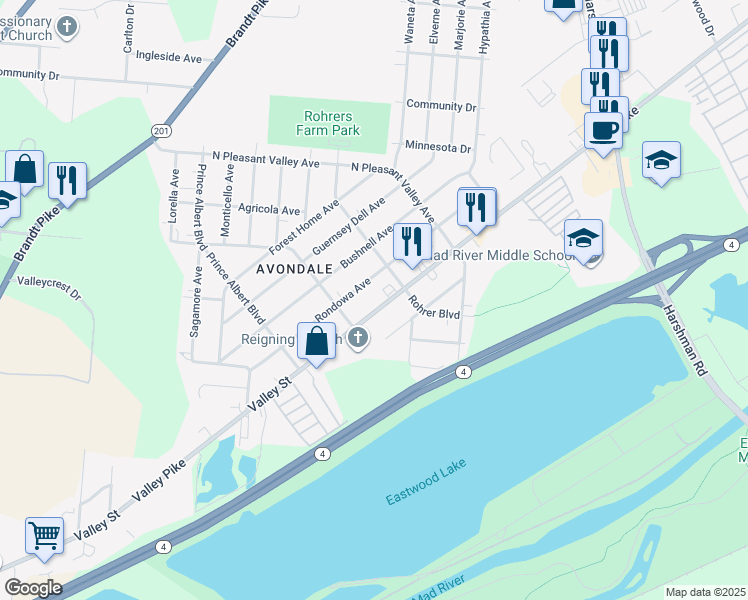 map of restaurants, bars, coffee shops, grocery stores, and more near 2420 Valley Pike in Dayton