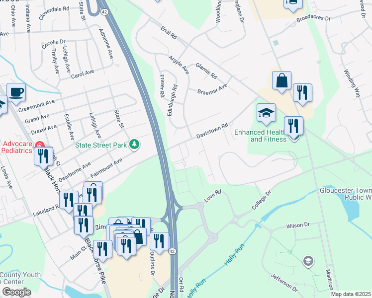 map of restaurants, bars, coffee shops, grocery stores, and more near 756 Davistown Road in Camden County