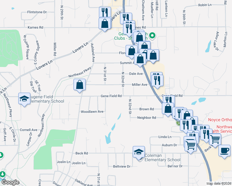 map of restaurants, bars, coffee shops, grocery stores, and more near 3116 Gene Field Road in Saint Joseph