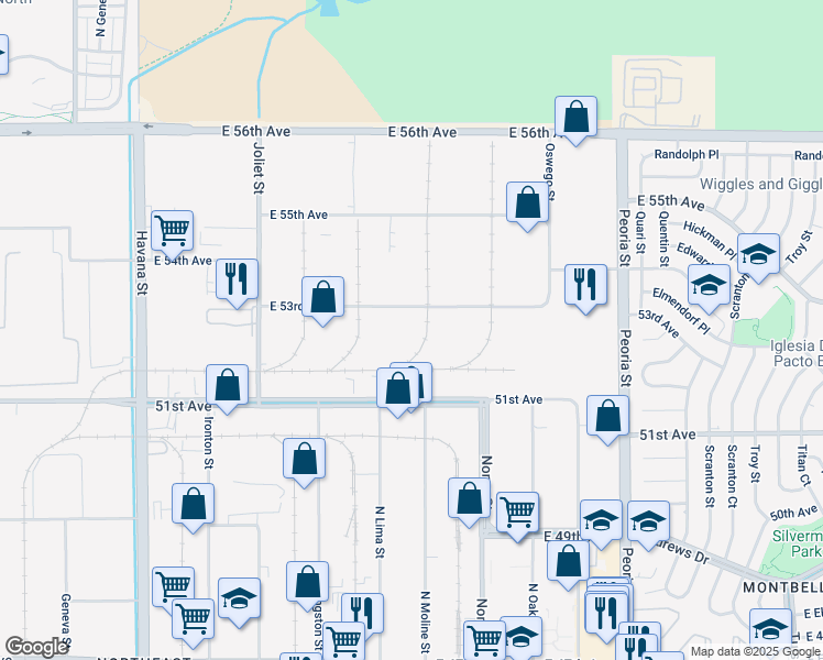 map of restaurants, bars, coffee shops, grocery stores, and more near 11400 East 53rd Avenue in Denver