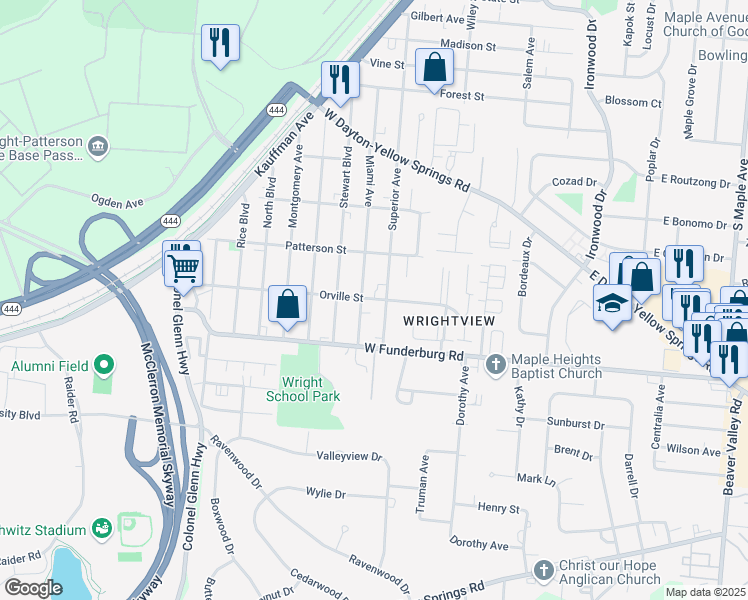 map of restaurants, bars, coffee shops, grocery stores, and more near 1865 Superior Avenue in Fairborn