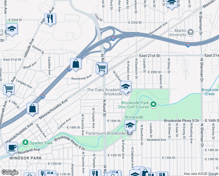 map of restaurants, bars, coffee shops, grocery stores, and more near 1833 North Rural Street in Indianapolis