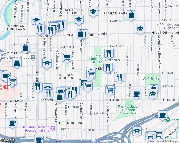 map of restaurants, bars, coffee shops, grocery stores, and more near 1901 Ruckle Street in Indianapolis