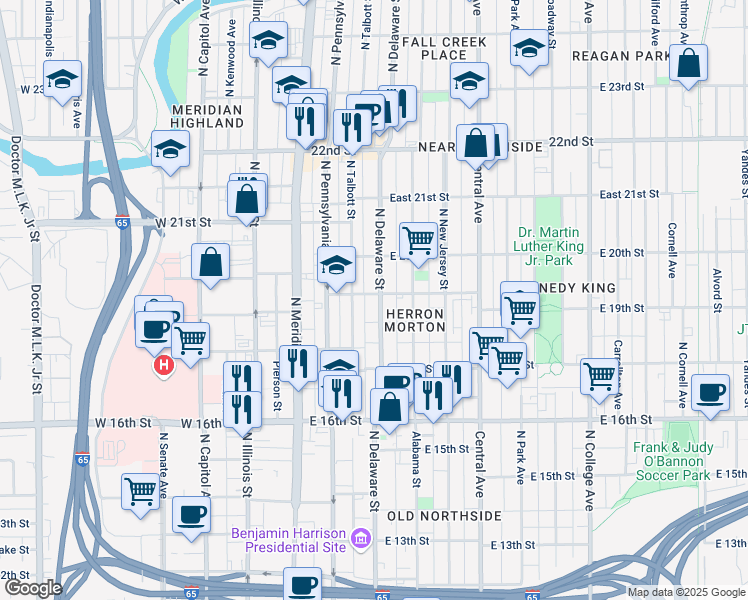 map of restaurants, bars, coffee shops, grocery stores, and more near 1836 North Delaware Street in Indianapolis