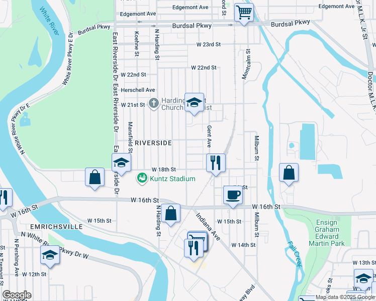 map of restaurants, bars, coffee shops, grocery stores, and more near 1830 Sugar Grove Avenue in Indianapolis