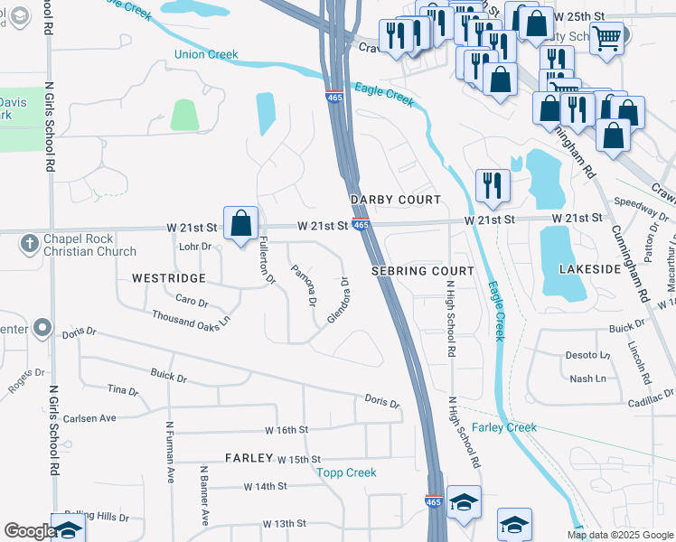 map of restaurants, bars, coffee shops, grocery stores, and more near 6549 Glendora Court in Indianapolis