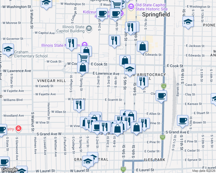 map of restaurants, bars, coffee shops, grocery stores, and more near 908 South 3rd Street in Springfield