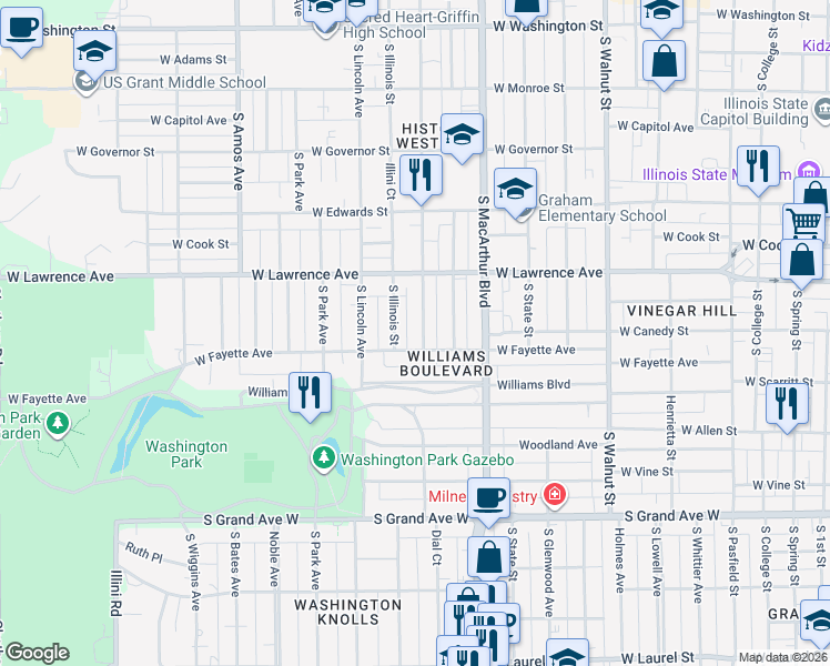 map of restaurants, bars, coffee shops, grocery stores, and more near 1129 West Fayette Avenue in Springfield