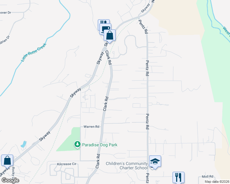 map of restaurants, bars, coffee shops, grocery stores, and more near 7130 Clark Road in Paradise